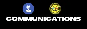 Communication logos with a headset icon and official seal on a black background.