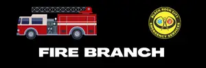 Fire branch logo with a red fire truck and emblem on black.