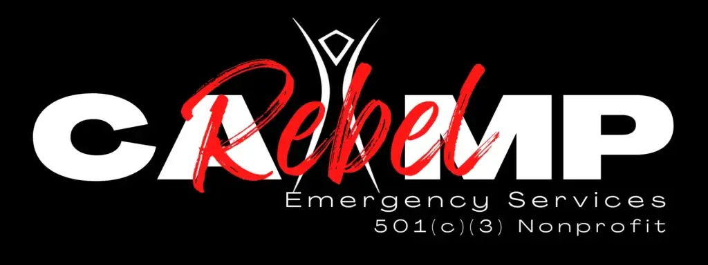 Logo of Rebel Emergency with a red and white design on black background.
