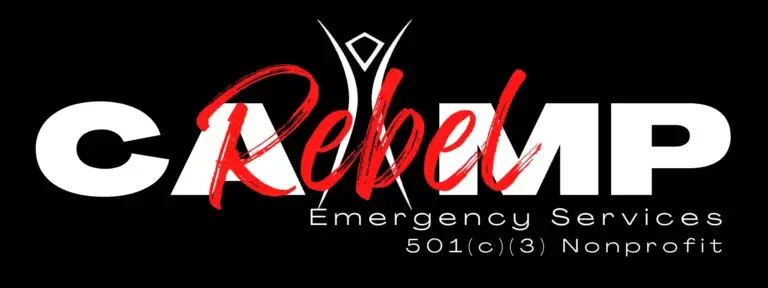 Logo of Rebel Emergency with a red and white design on black background.