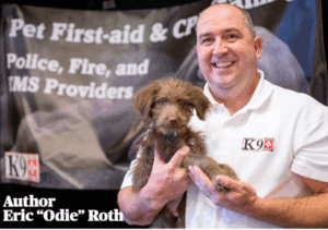 Man holding a puppy, promotional banner behind.
